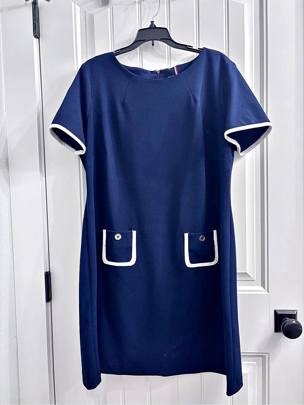 Tommy Hilfiger Contrast-Trim Scuba Crepe Shift Dress Blue Size 16
